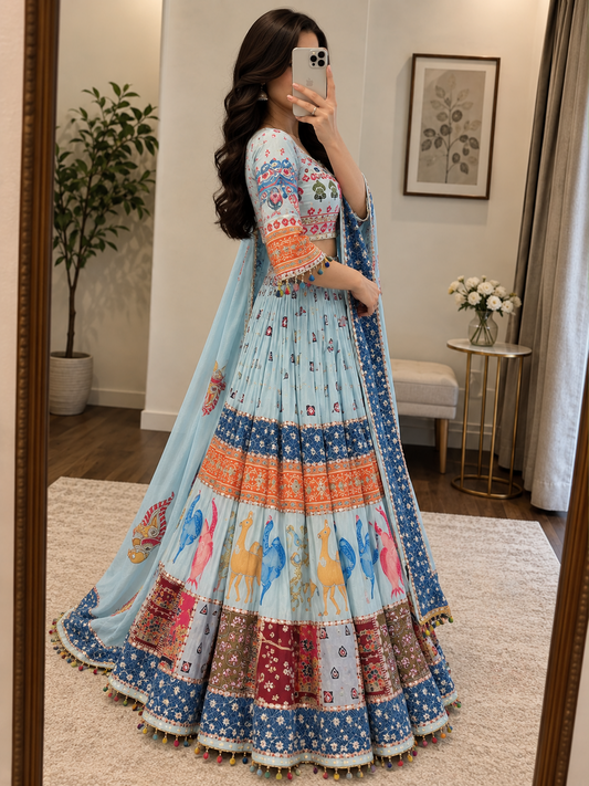 Blue Muslin Mirror Work Latkan Lace Chaniya Choli | Navratri