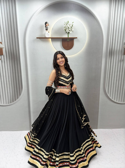 Designer Navratri Festival Black Pure Cotton Mirror Lace Lehenga Choli