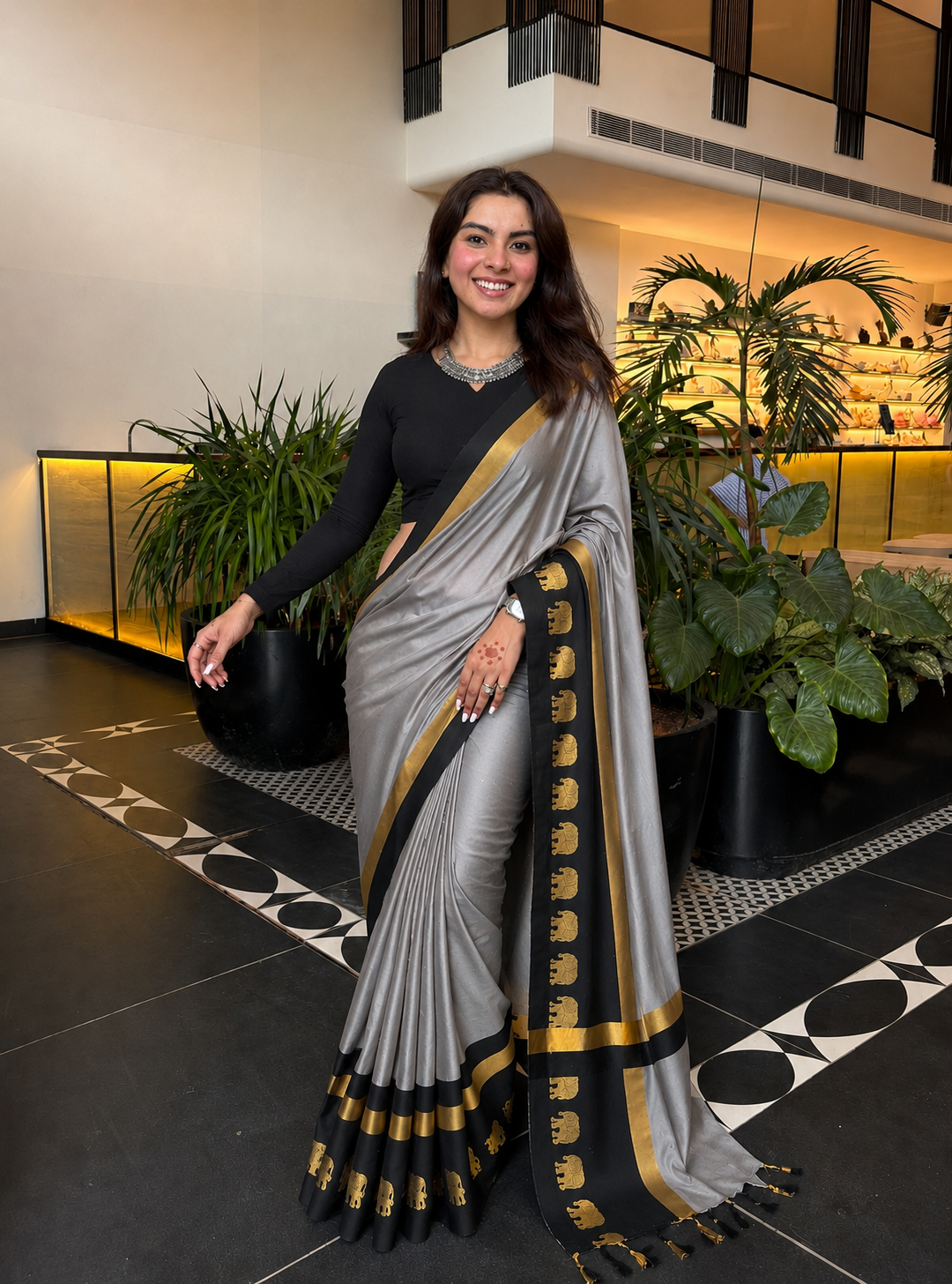 ELEPHANT BORDER Grey & Black Soft Cotton Silk Emerald Bloom Saree For Women
