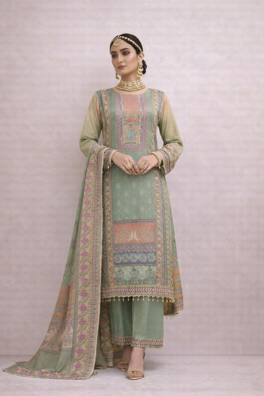 Sage Green Traditional Pattu-Style Set