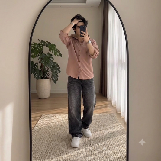 🌟 Trending Men's Casual Combo Set (Dusty Rose Hooded Shirt + Charcoal Black Loose Jeans)