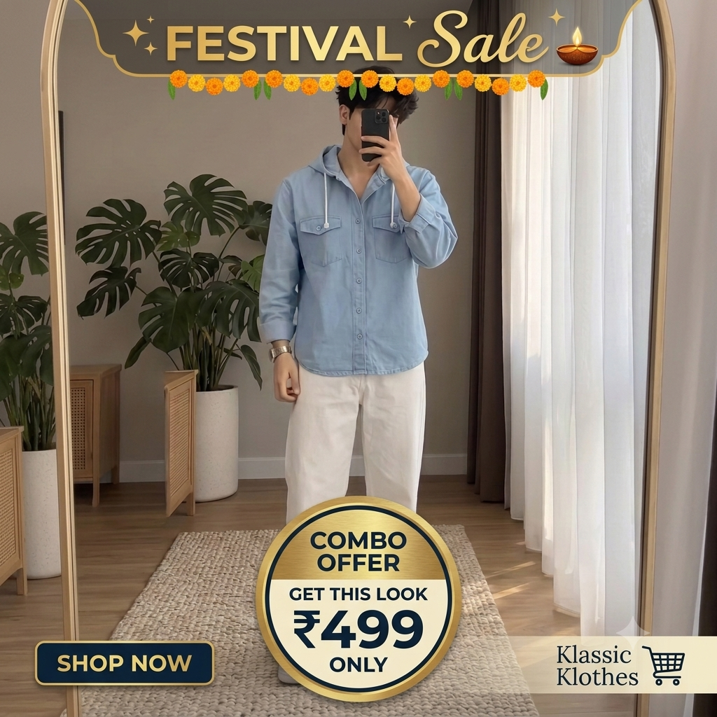 🌟 Trending Men's Casual Combo Set (Stylish Hooded Denim Shirt - White Casual Jeans)