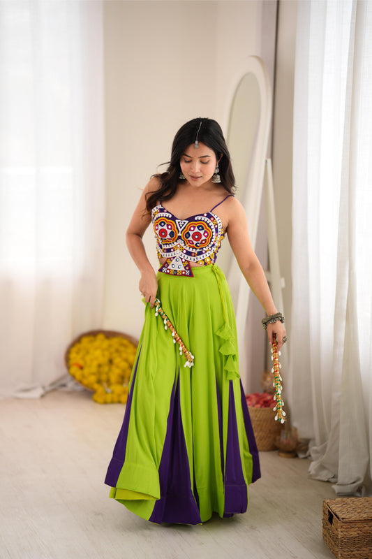 Green Reyon Gota Patti Flair Lehenga Set | Tulip Designer