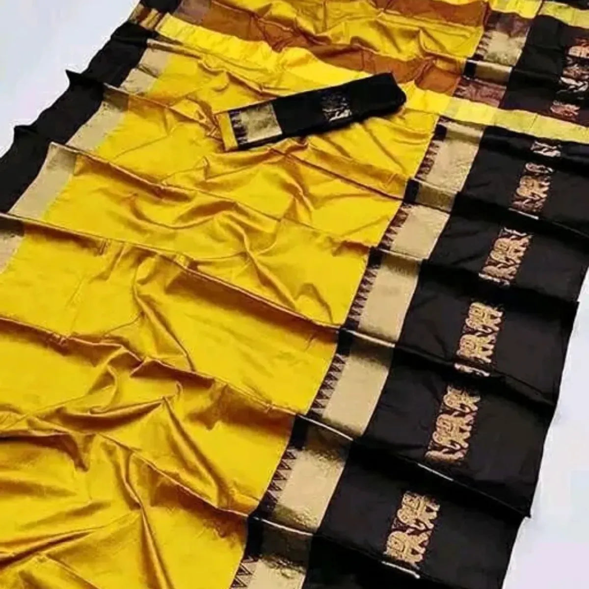 Gold & Black Soft Cotton Silk Sunburst & Shadow Saree For Women