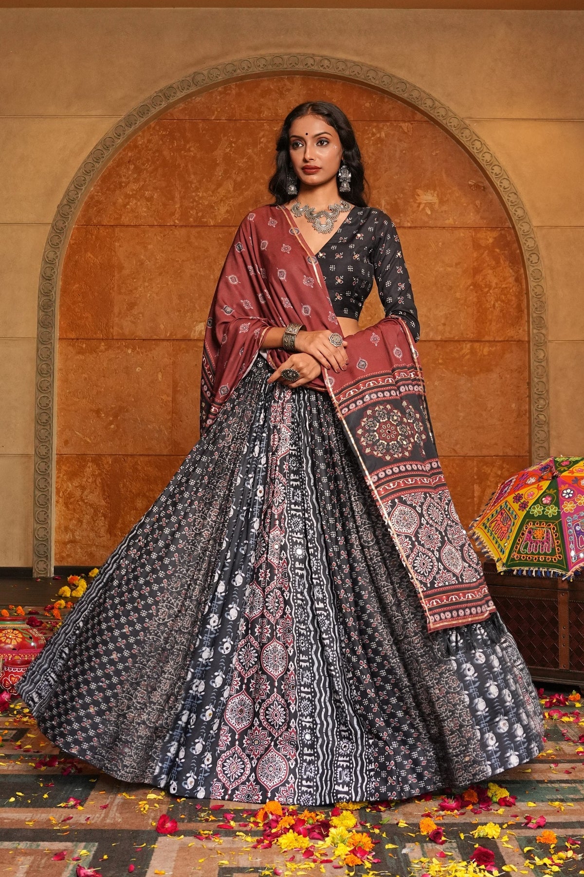 Black Crepe Print Work Navratri Lehenga Choli – Traditional Garba Night Set