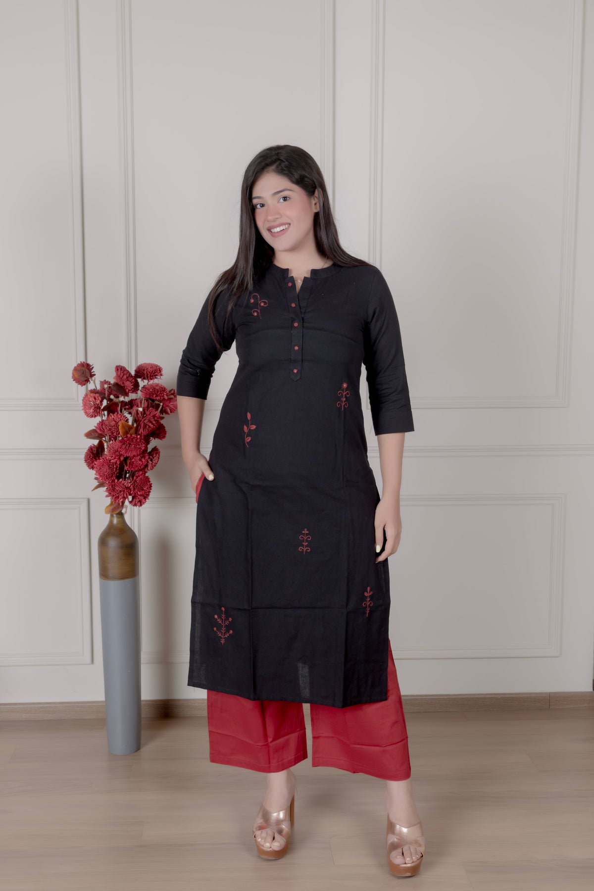 Embroidered Button-Down Black kurta palazzo Set