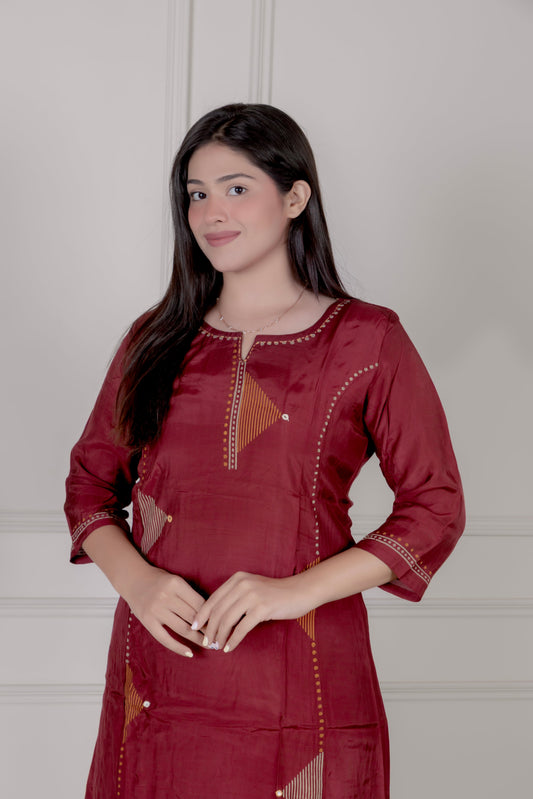 Maroon Geometric Embroidered Suit
