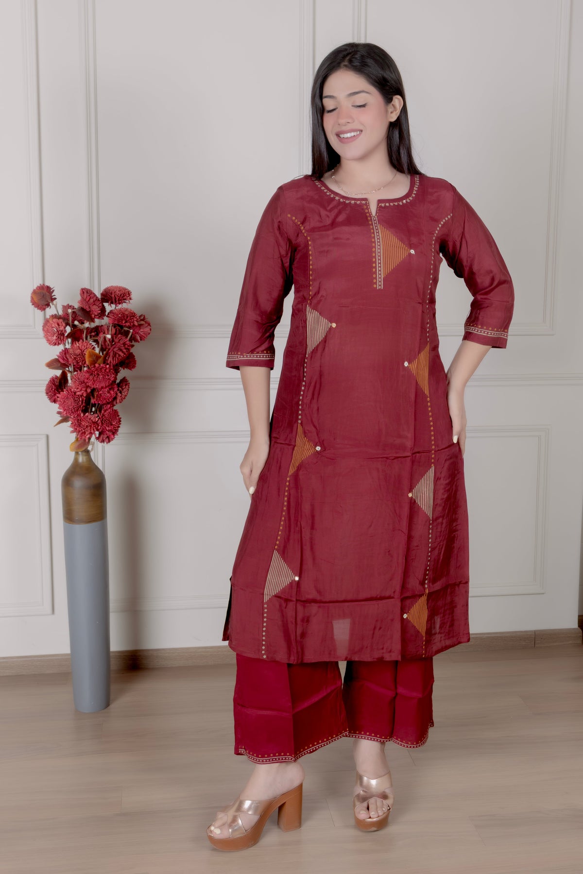 Maroon Geometric Embroidered Suit