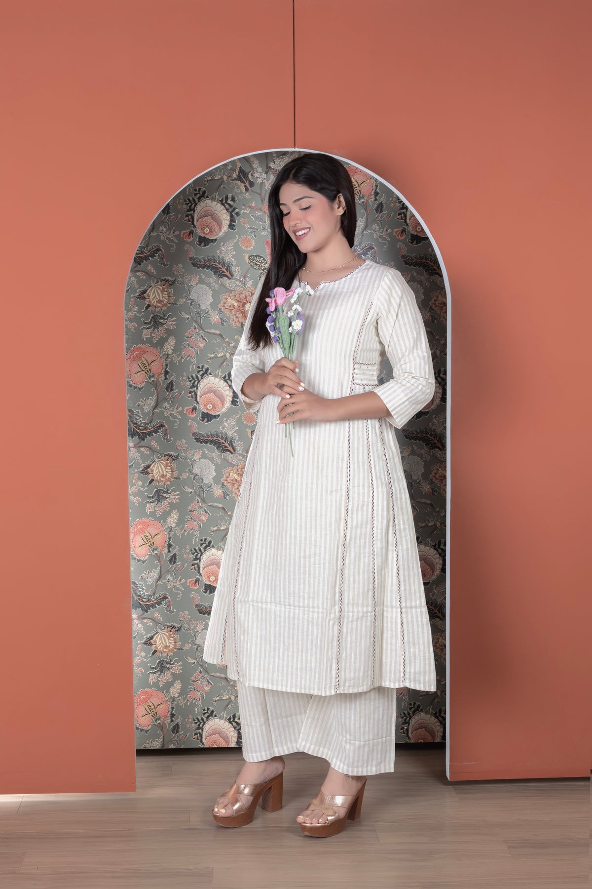 Striped A-Line Fusion Kurta pant Set