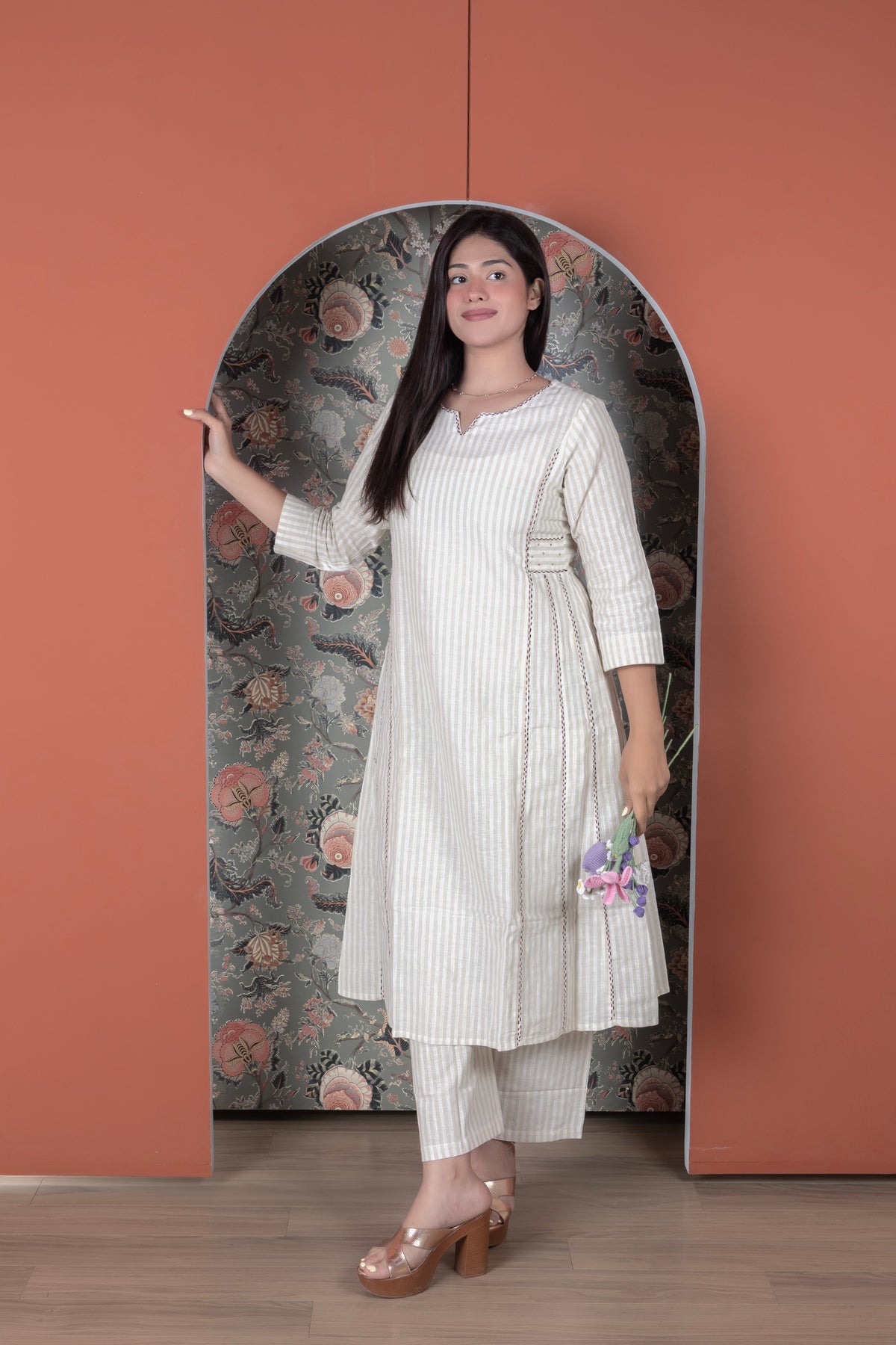 Striped A-Line Fusion Kurta pant Set