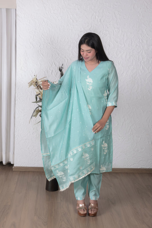 Sky Blue Mul Chanderi Suit Set
