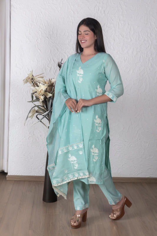 Sky Blue Mul Chanderi Suit Set