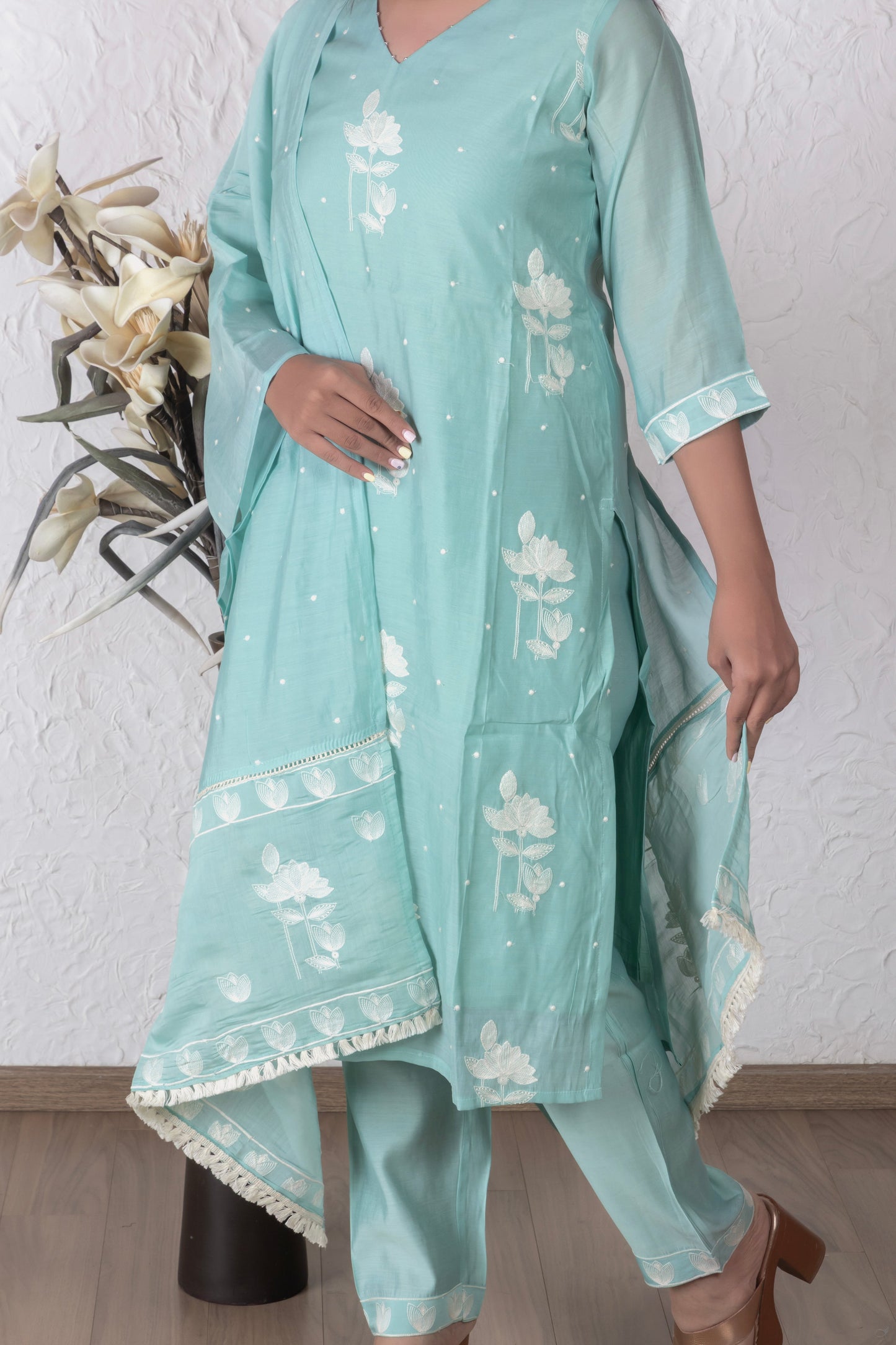 Sky Blue Mul Chanderi Suit Set