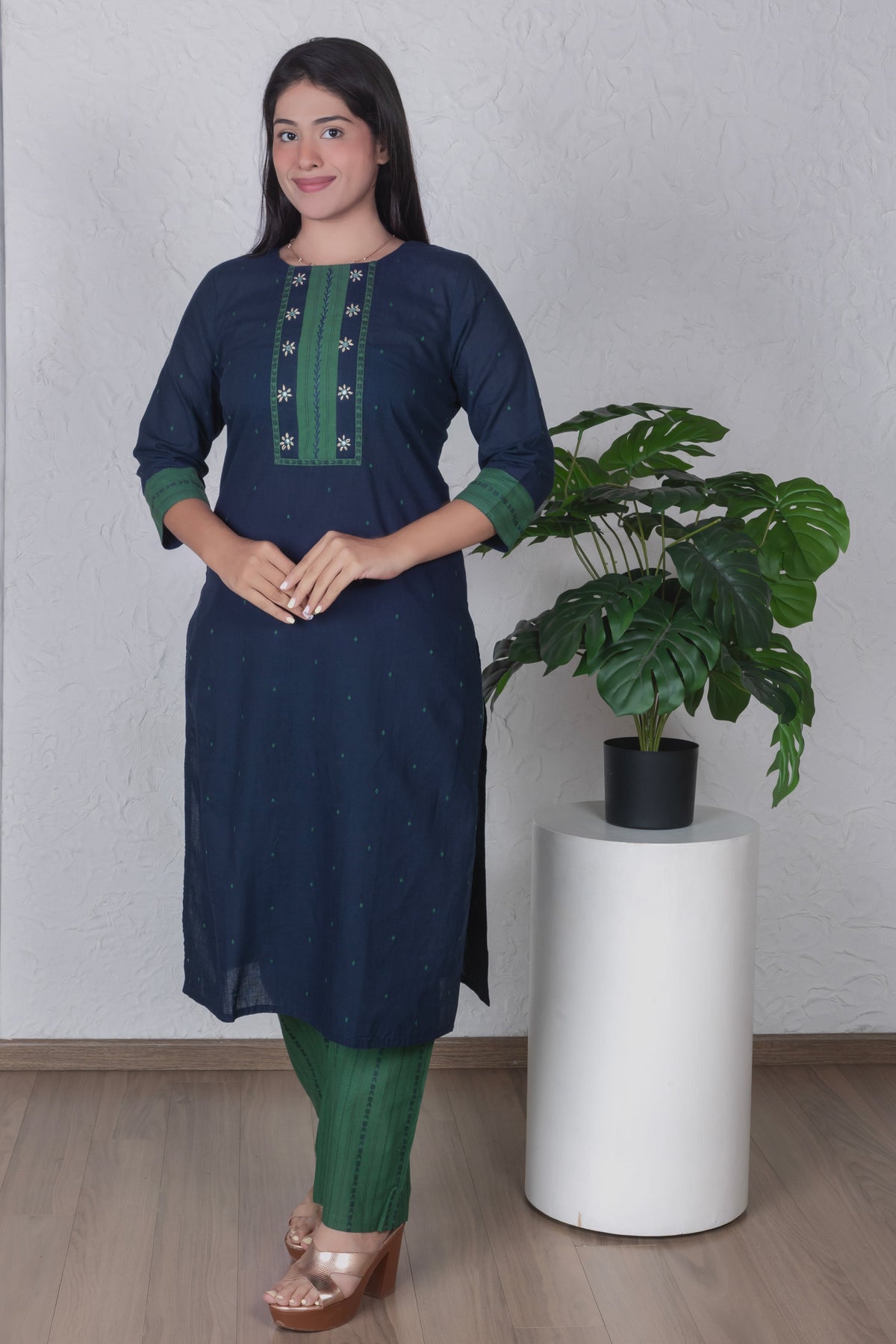 Navy Blue & Green Yoke Kurta Set