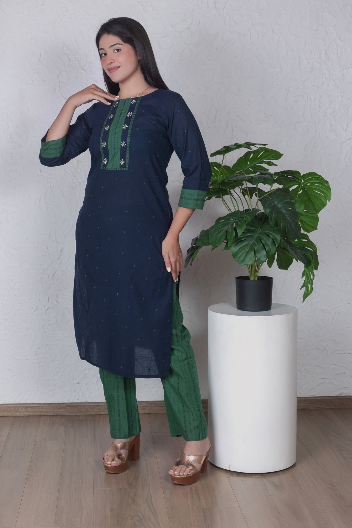 Navy Blue & Green Yoke Kurta Set