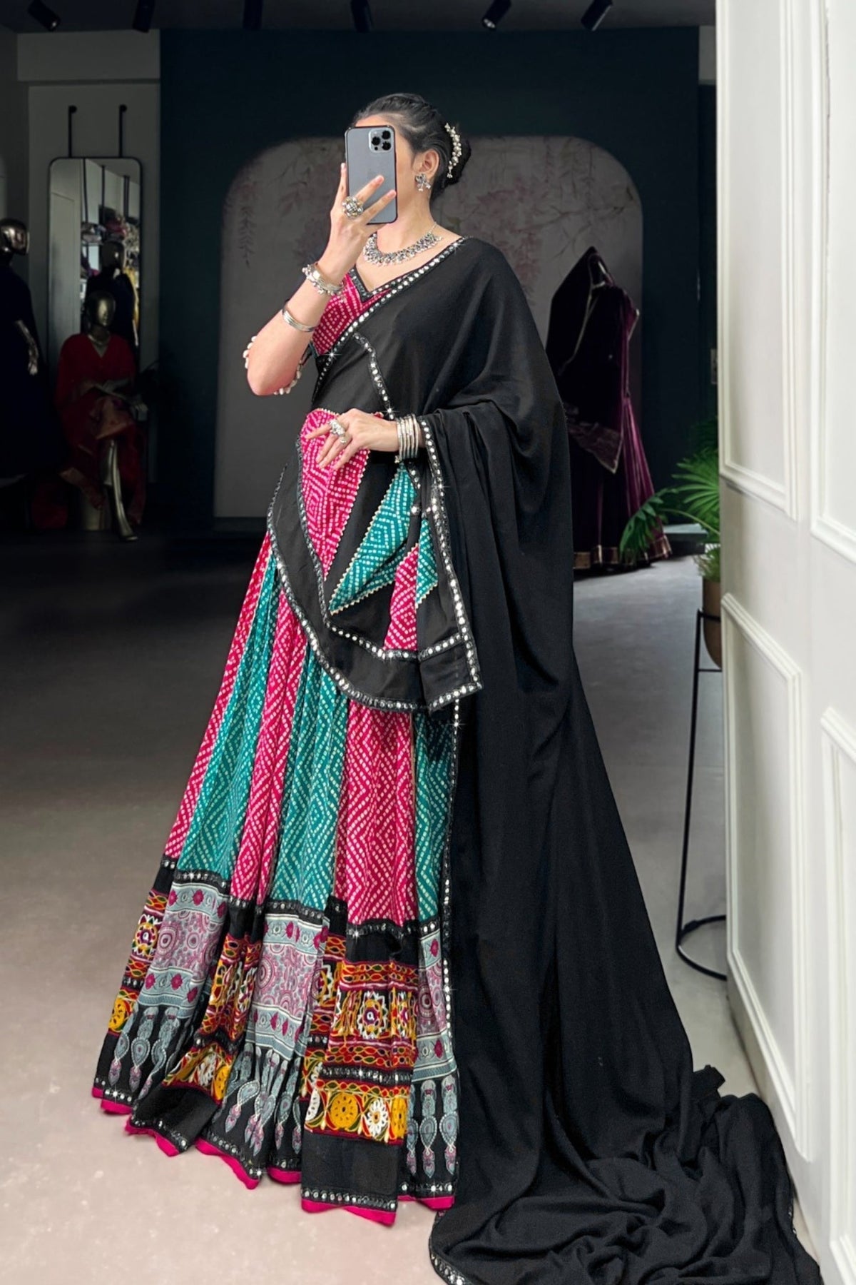 Navratri Special Pure Rayon Lehenga Choli With Ajrakh Print, Gamthi & Gota Patti Work