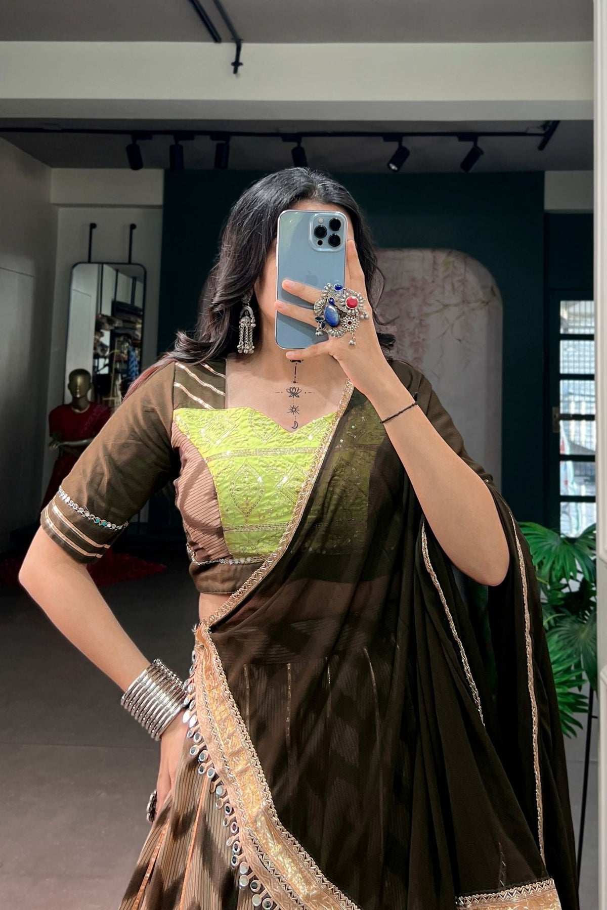 Designer Tasar Silk Mirror Work Navratri Chaniya Choli