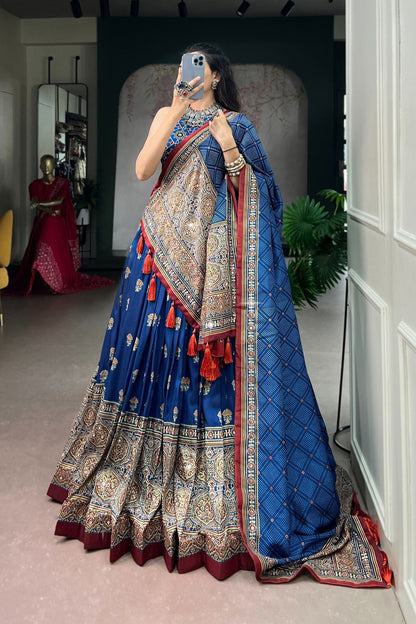 Designer Tasar Silk Ajrak Print Navratri Lehenga Choli