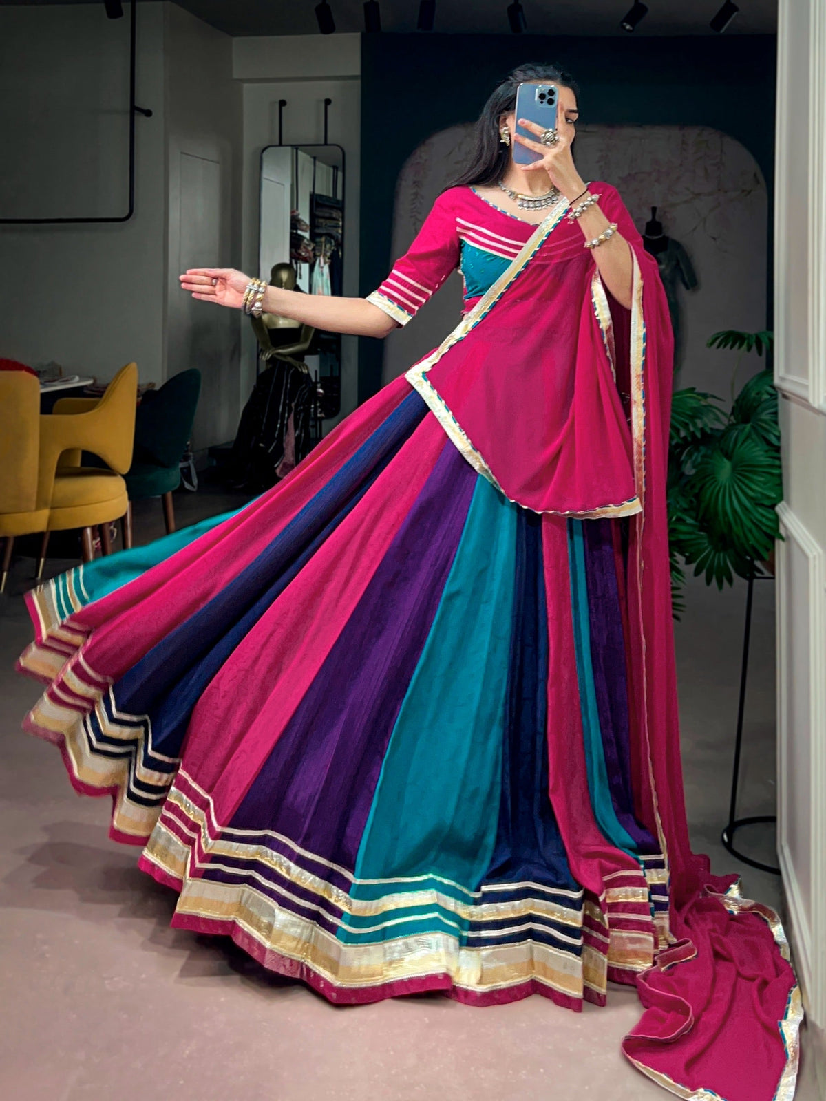 Chinon Embossed Lace Designer Chaniya Choli Set (Ready to Wear)
