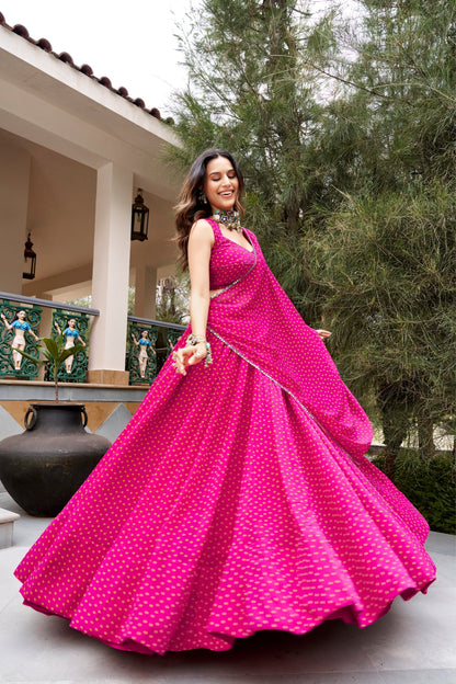 Pink Georgette Bandhej Print Designer Navratri Chaniya Choli For Women