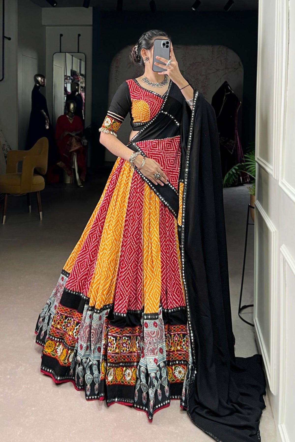 Navratri Special Pure Rayon Lehenga Choli With Ajrakh Print, Gamthi & Gota Patti Work