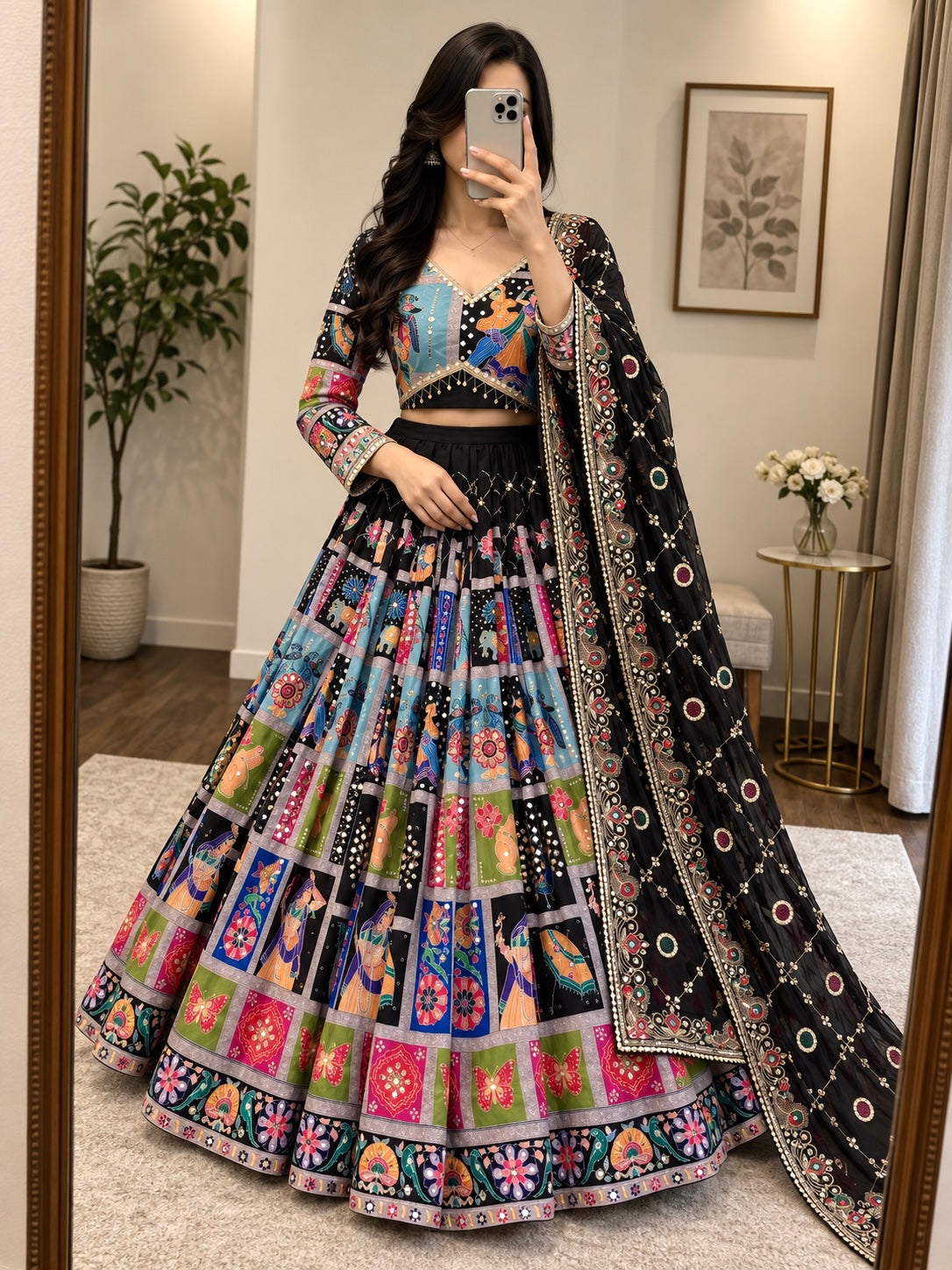 Black Mirror Work Chaniya Choli with Georgette Dupatta - Navratri Special