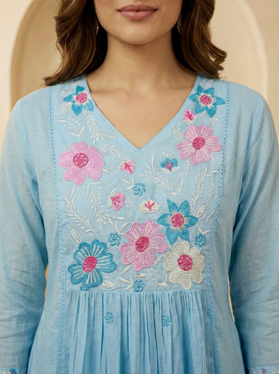 Sky Blue Embroidered Anarkali Set