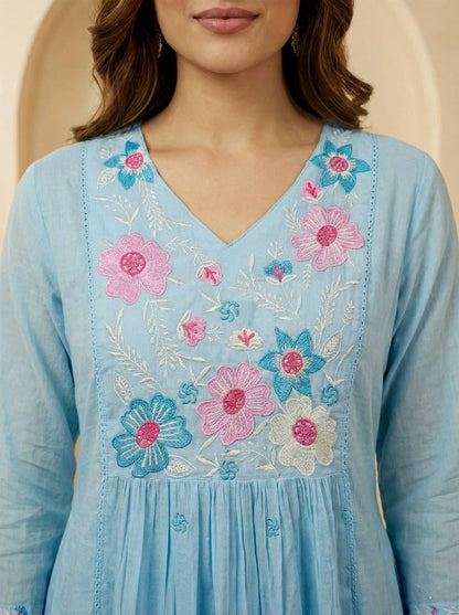 Sky Blue Embroidered Anarkali Set