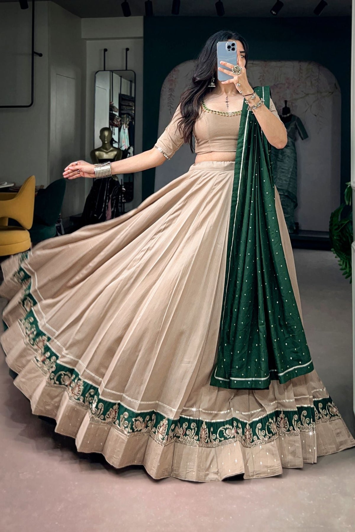 Raasrang Beige Chanderi Designer Navratri Lehenga Choli For Women