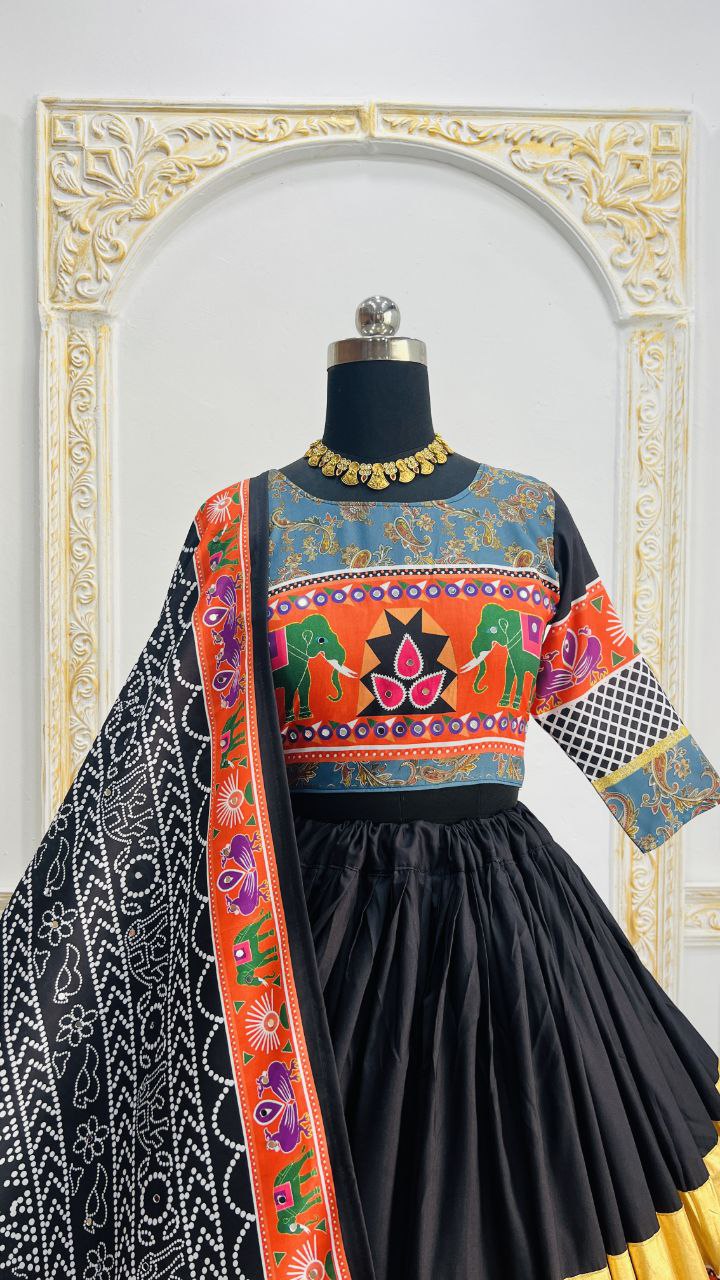 Black Multicolor Digital Print Real Mirror Work Navratri Lehenga Choli