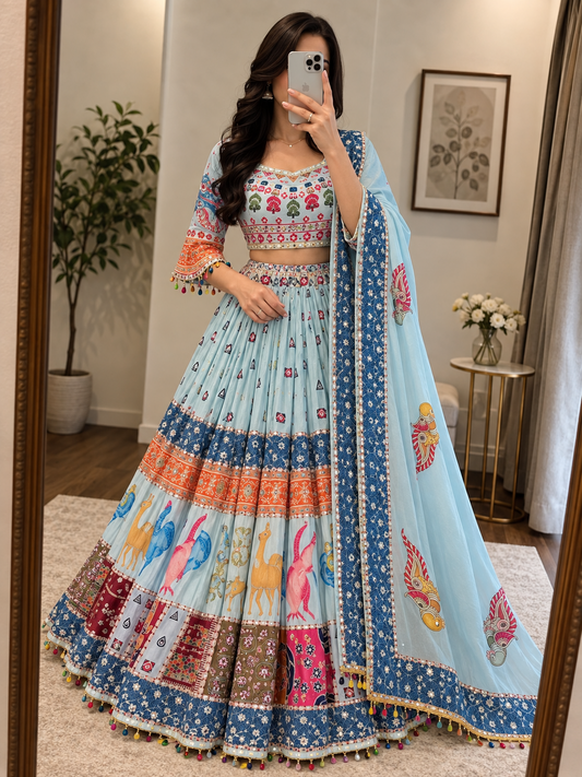 Blue Muslin Mirror Work Latkan Lace Chaniya Choli | Navratri
