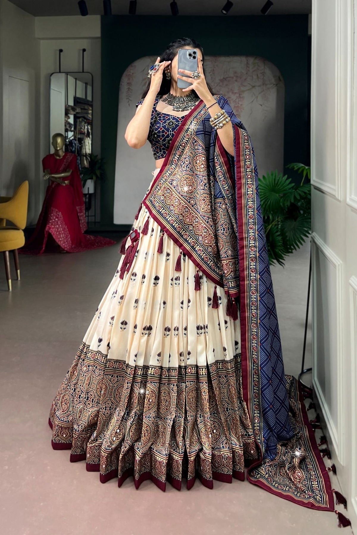 Designer Tasar Silk Ajrak Print Navratri Lehenga Choli