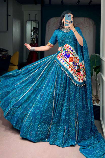 Designer Navratri Lehenga Choli In Bandhej Print Georgette With Gamthi Work Dupatta