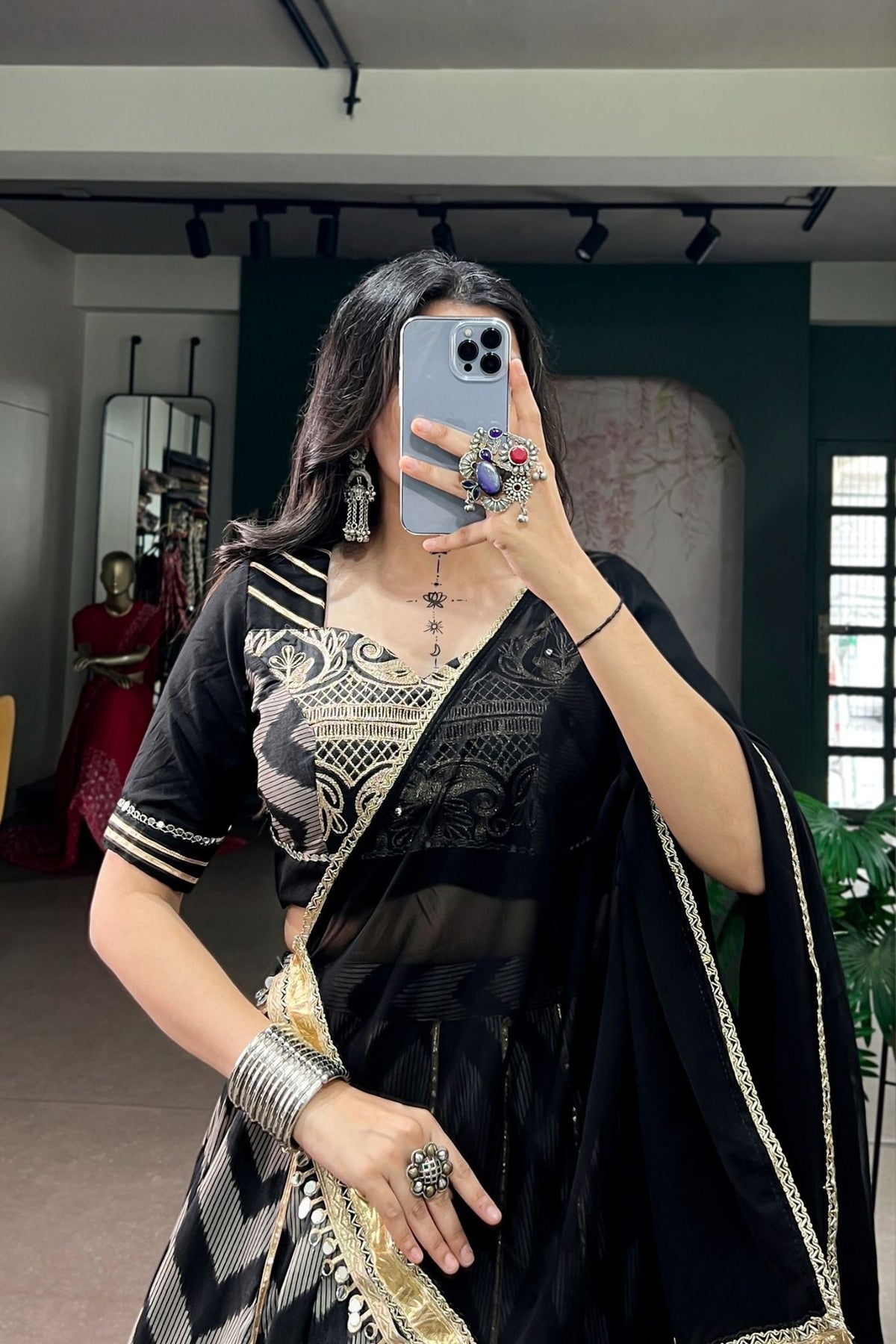 Designer Tasar Silk Mirror Work Navratri Chaniya Choli