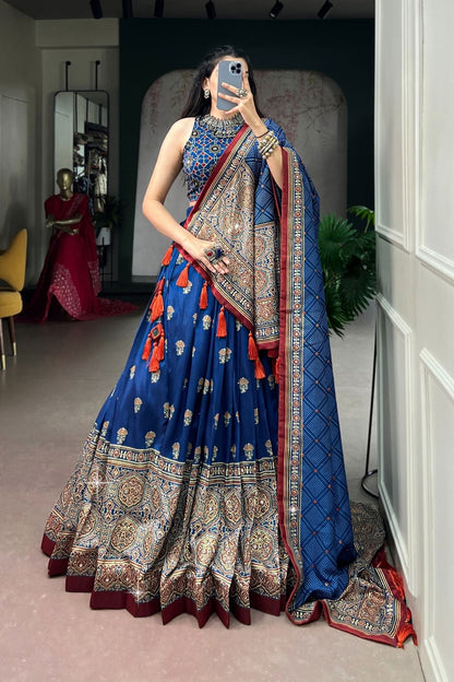Designer Tasar Silk Ajrak Print Navratri Lehenga Choli