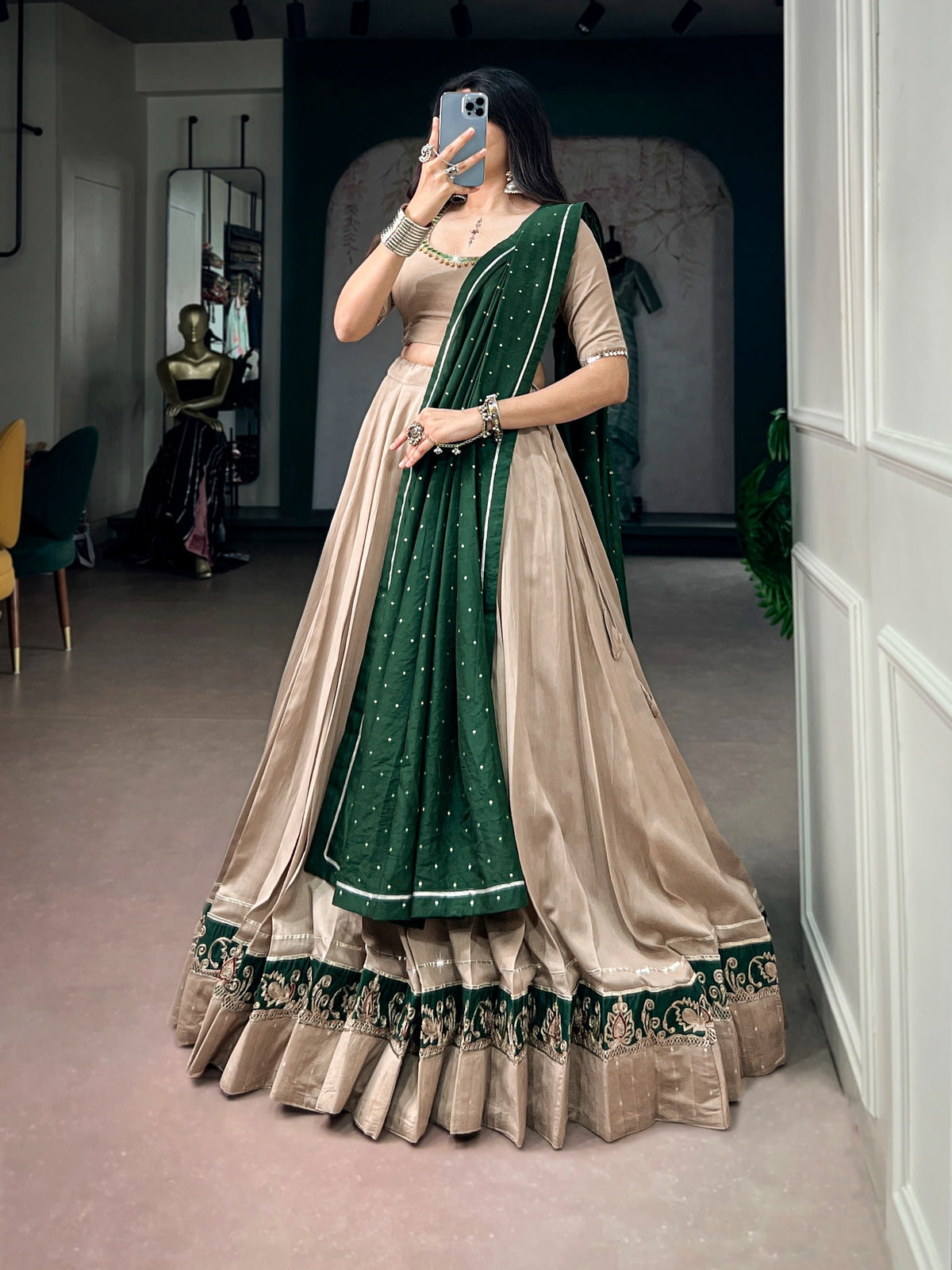 Beige Chanderi Gota Patti Lehenga Set | Tulip Designer