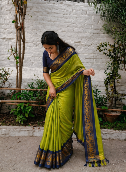 LIME GREEN BLUE SOFT COTTON SILK CITRUS OCEAN AURA SAREE