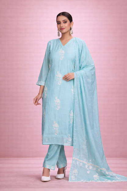 Sky Blue Mul Chanderi Suit Set