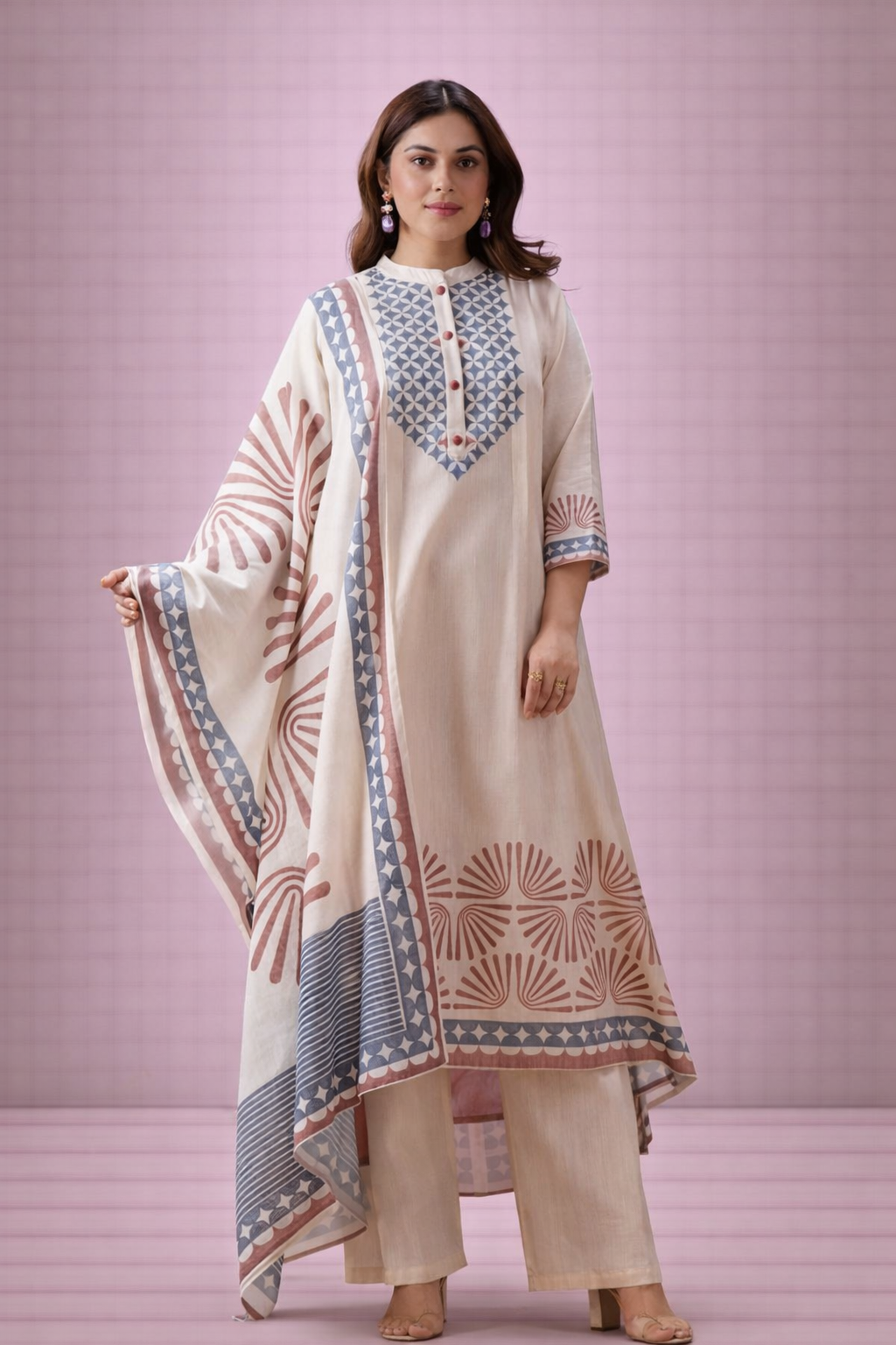 Geometric Mandarin Collar Suit Set