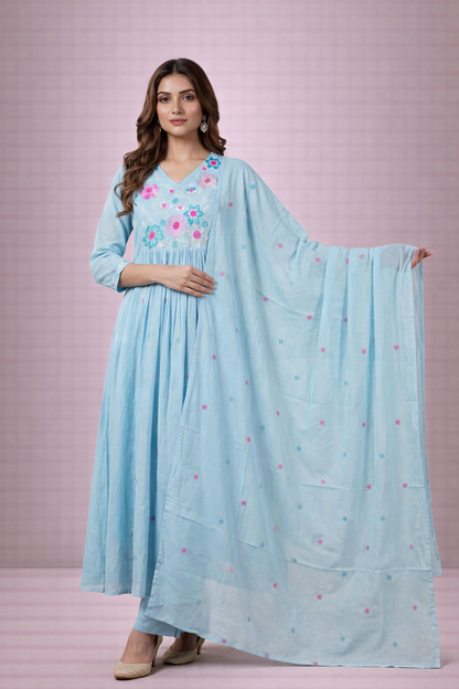 Sky Blue Embroidered Anarkali Set