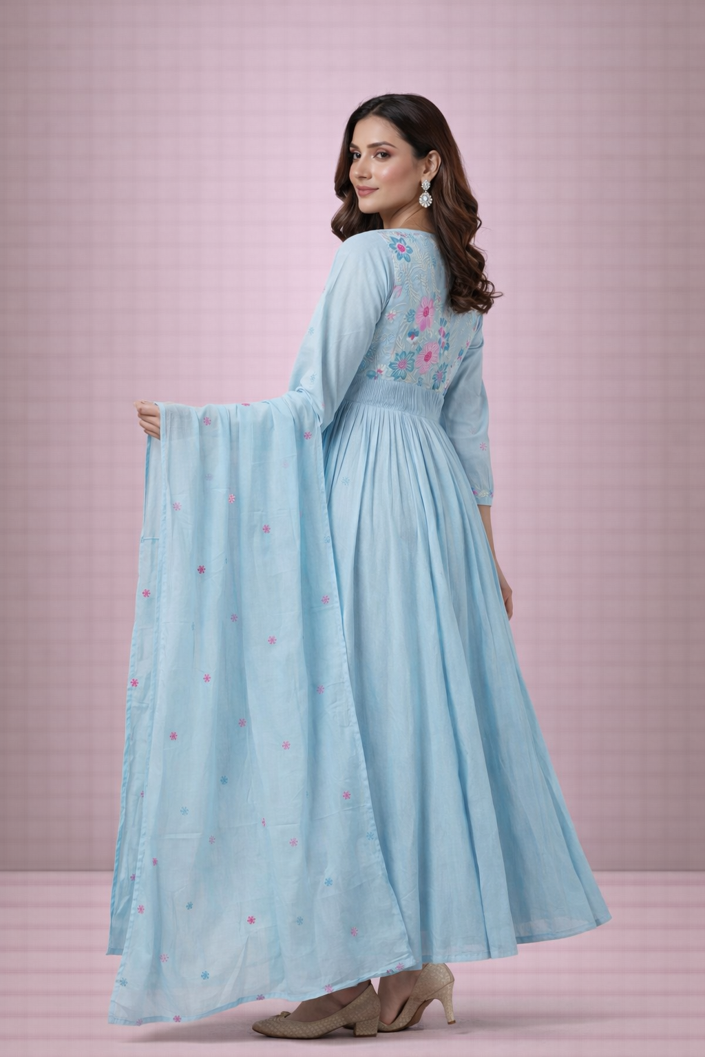 Sky Blue Embroidered Anarkali Set