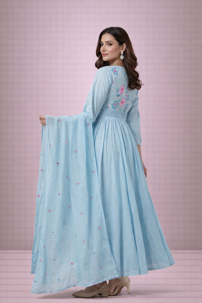 Sky Blue Embroidered Anarkali Set