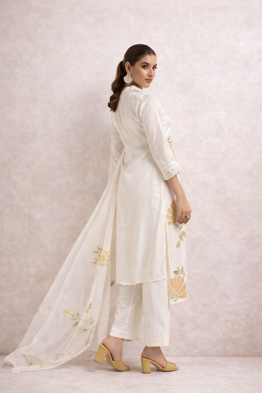 Pristine White Hand-Painted Silk Set
