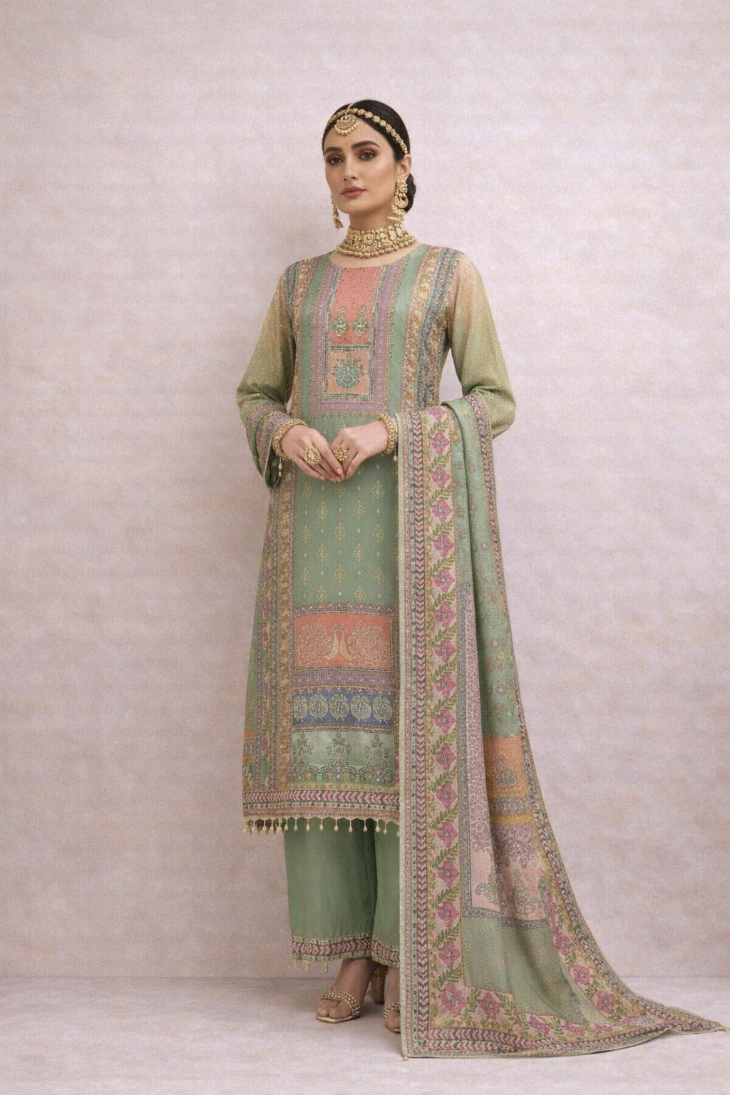 Sage Green Traditional Pattu-Style Set