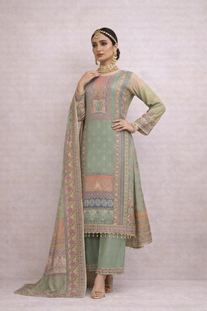 Sage Green Traditional Pattu-Style Set