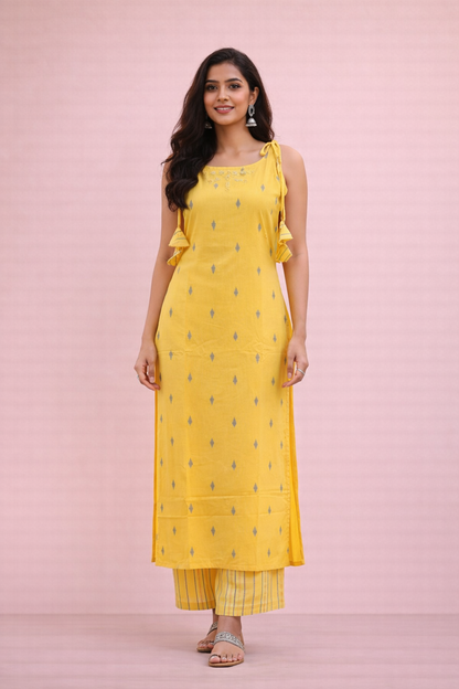 Sleeveless Tassel-Detail Kurta Set - Yellow