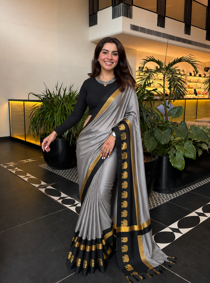 ELEPHANT BORDER Grey & Black  Soft Cotton Silk Emerald Bloom Saree For Women
