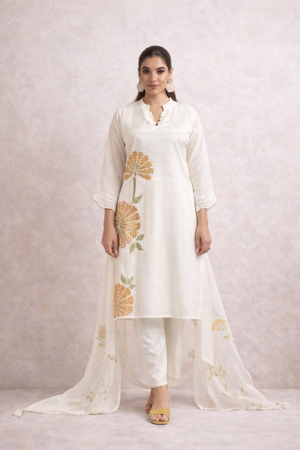 Pristine White Hand-Painted Silk Set