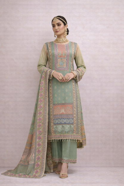 Sage Green Traditional Pattu-Style Set