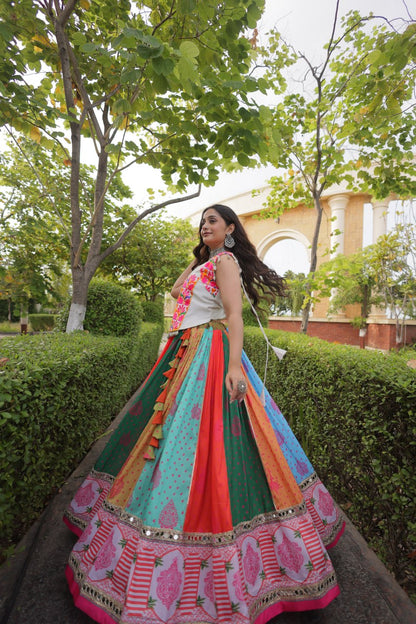 Multicolor Cotton Mirror Work Lehenga Set | Tulip Designer